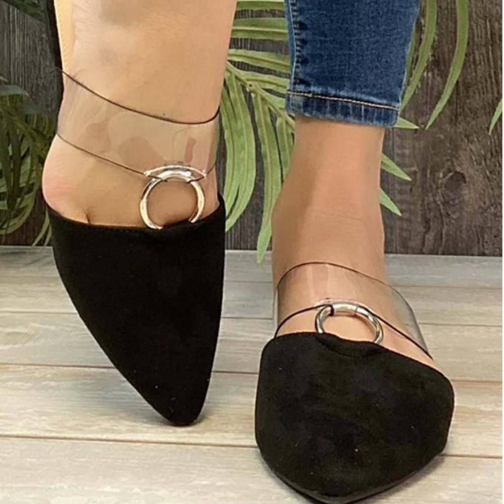 Black Pointed Toe Transparent Strap O Ring Mule
